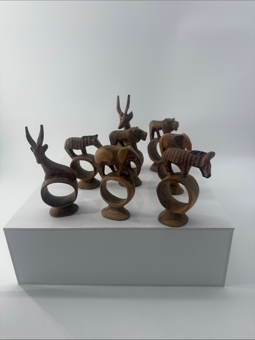 Hand-Carved Wood Animal Napkin Rings Set - Natural Brown